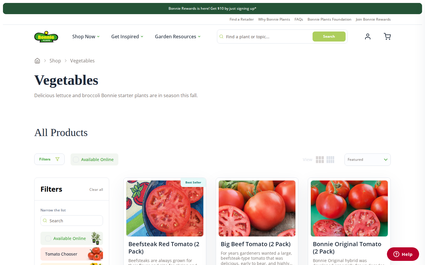 Bonnie Plants vegetables collection with live plant product grid