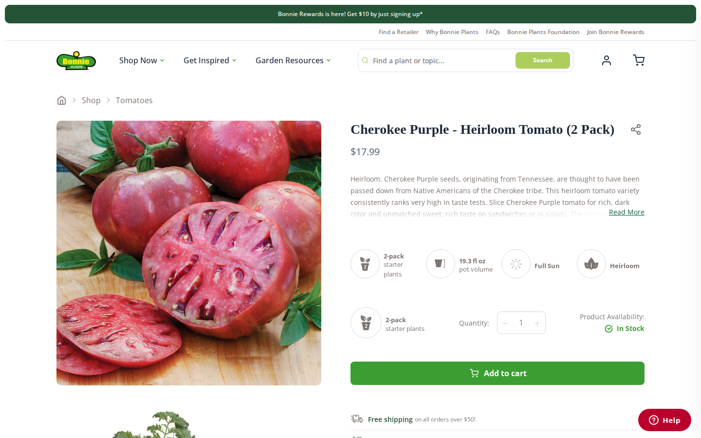 Bonnie Plants Cherokee Purple heirloom tomato product page with add to cart