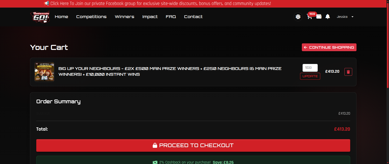 CompetitionGo shopping cart with competition entries and order summary