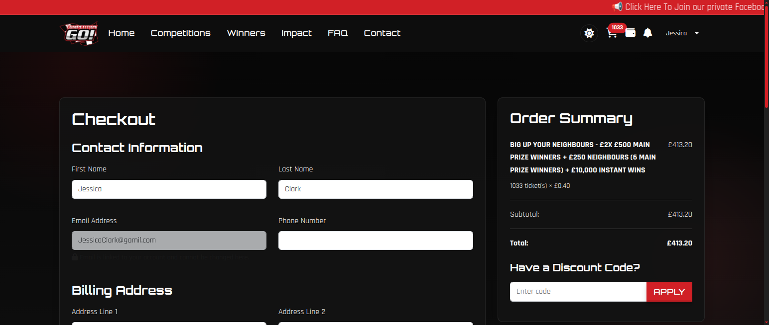 CompetitionGo checkout with order summary and payment options
