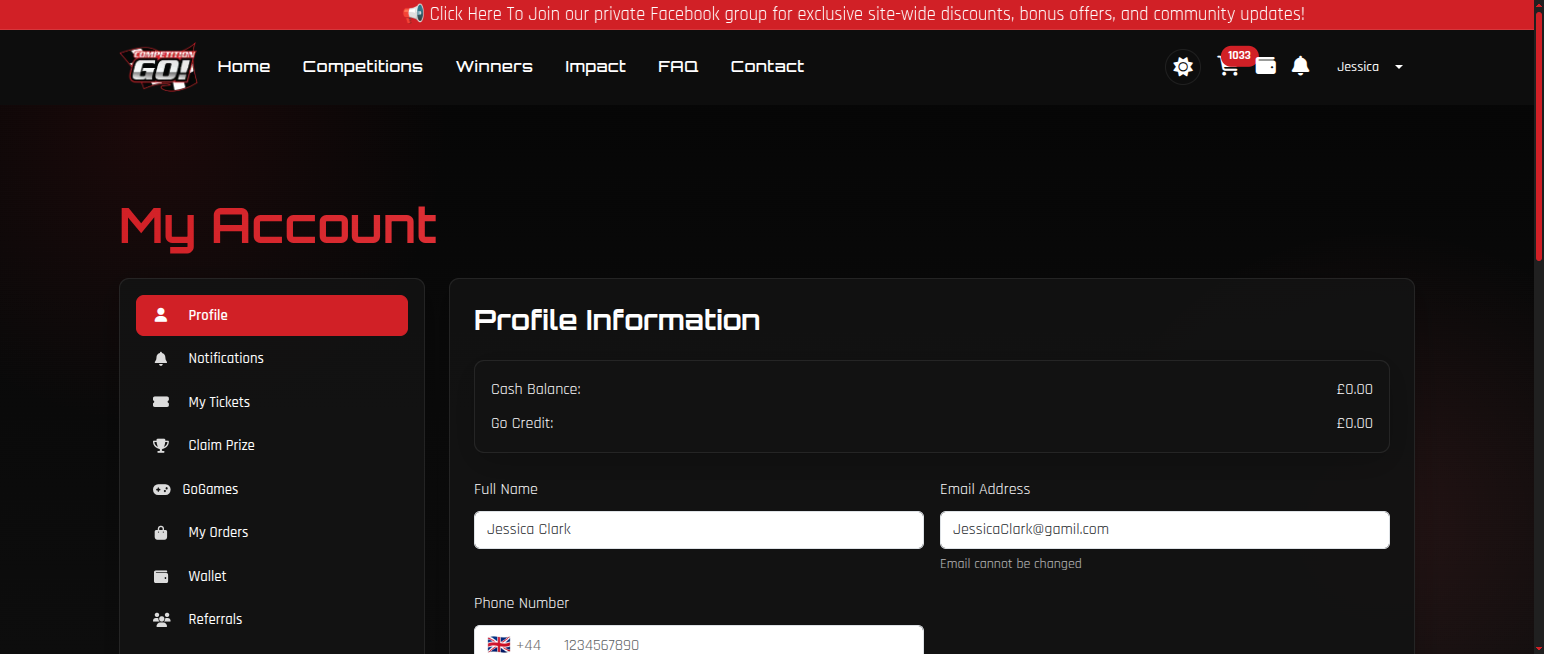 CompetitionGo My Account profile tab with user details and balances
