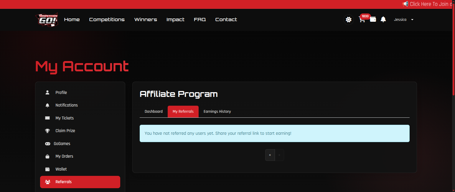 CompetitionGo referrals tab showing affiliate program and referral link
