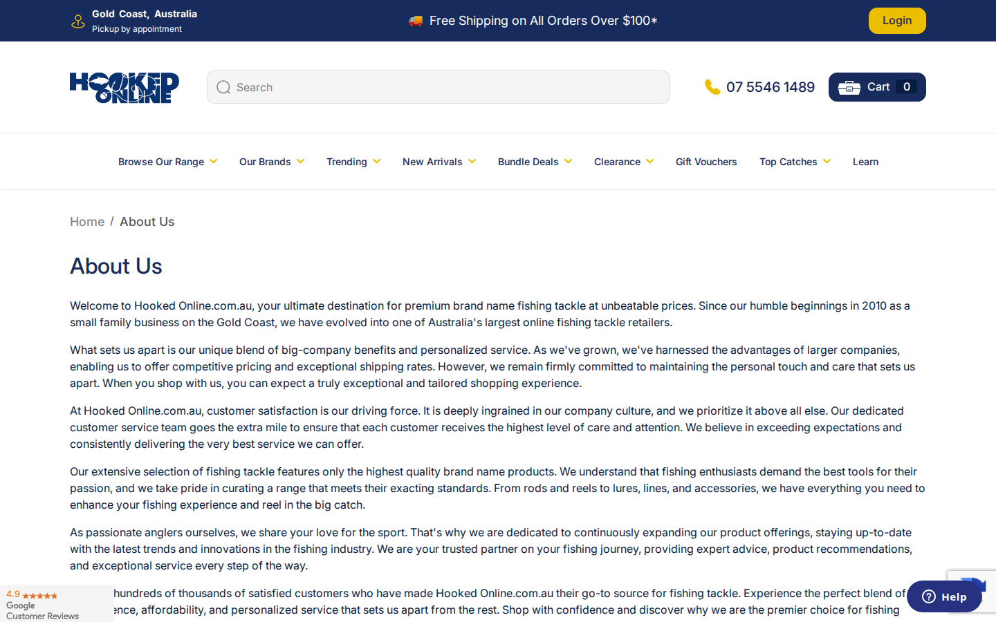 Hooked Online about page with company story since 2010 on the Gold Coast