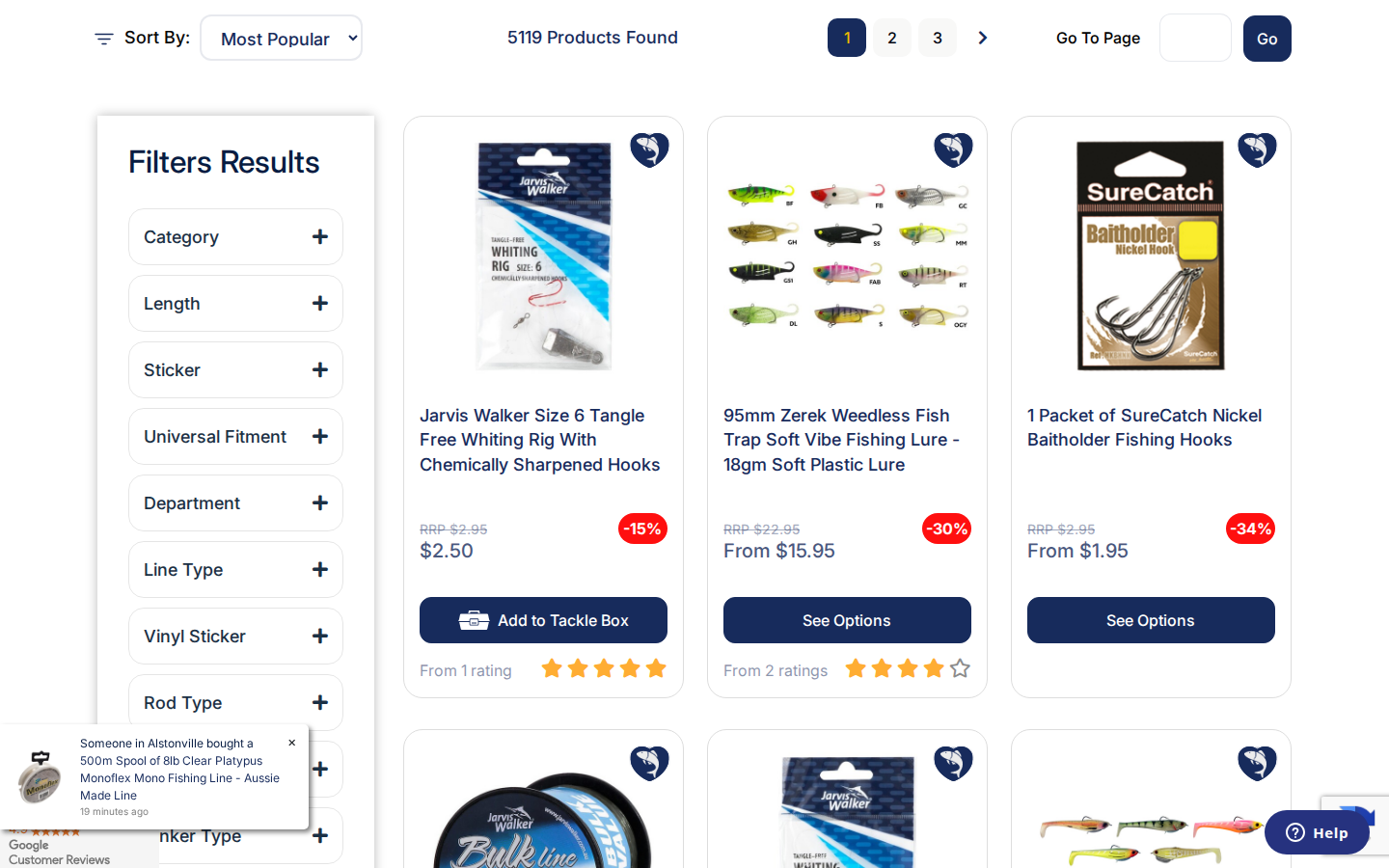 Hooked Online fishing category with product grid of tackle and lures