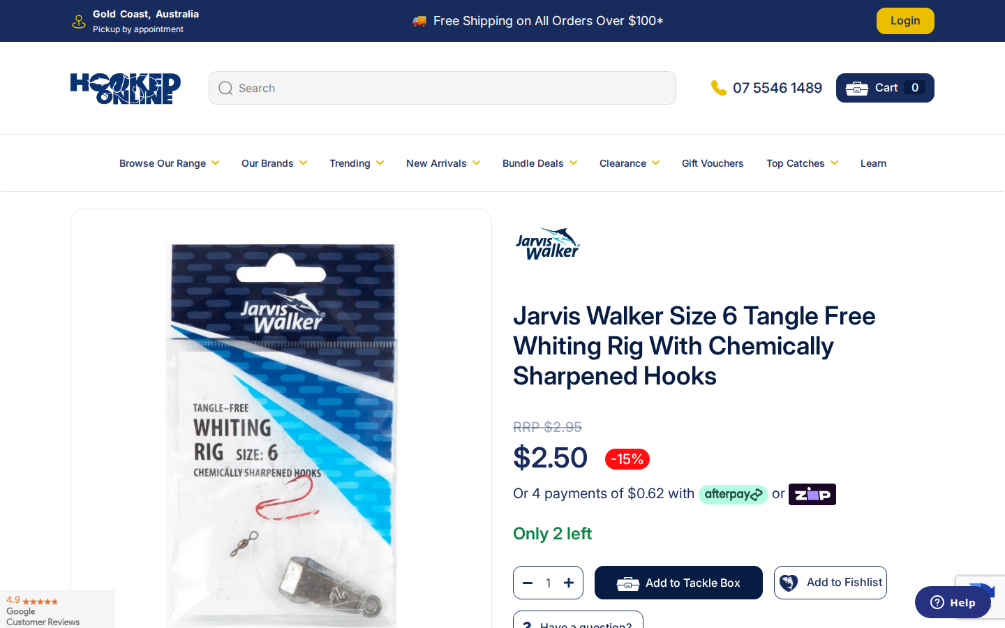 Hooked Online product page for a Jarvis Walker fishing rig with specs and add to cart