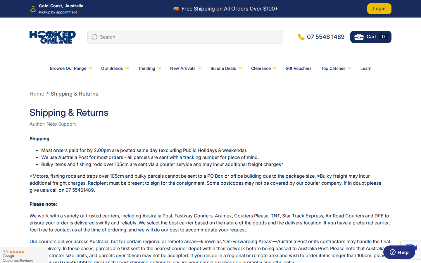 Hooked Online shipping and returns policy page