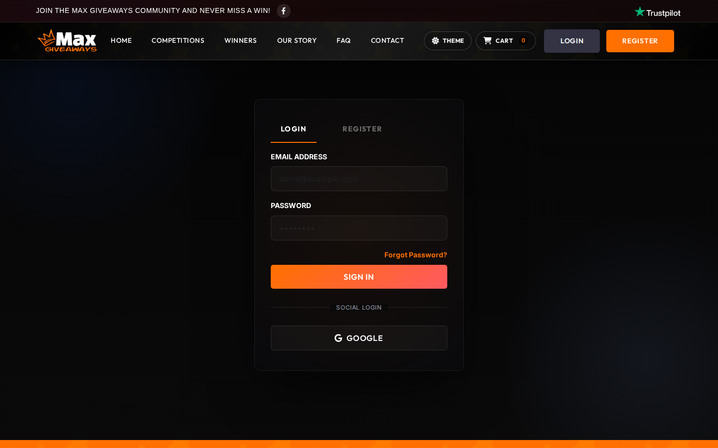 Max Giveaways login and registration page