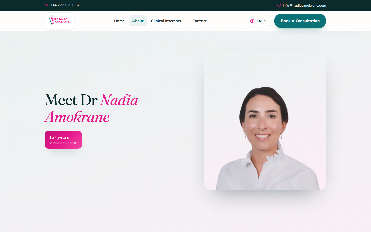 Dr Nadia Amokrane about page with career background and qualifications