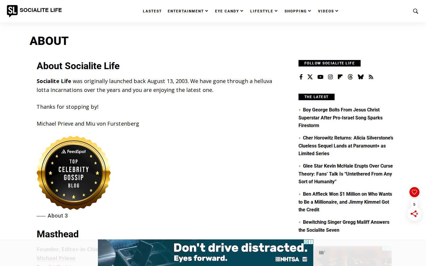 Socialite Life about page with editorial team masthead