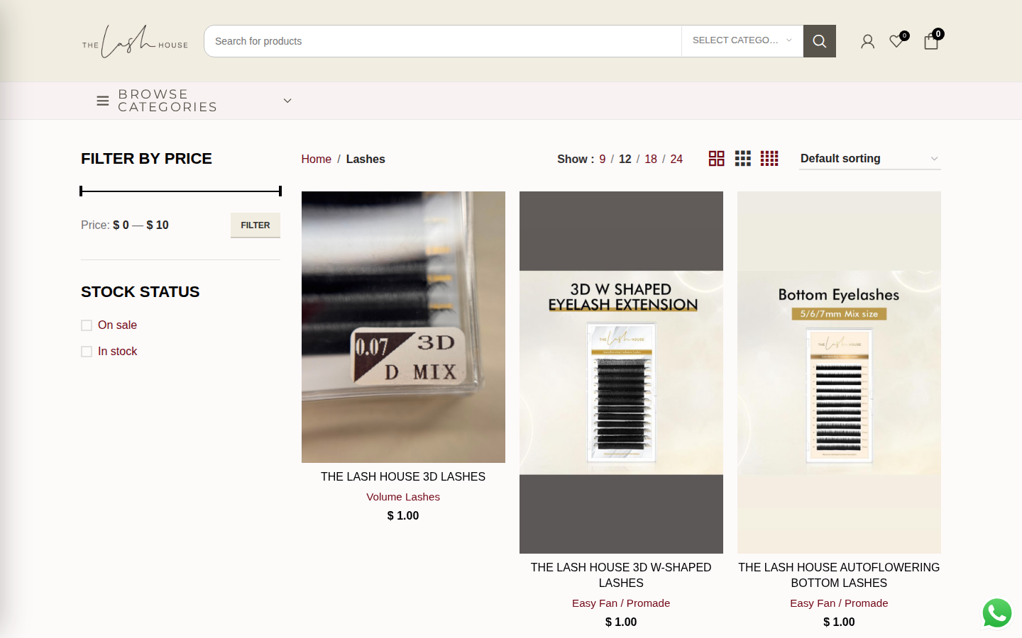 The Lash House lashes category with tray product grid
