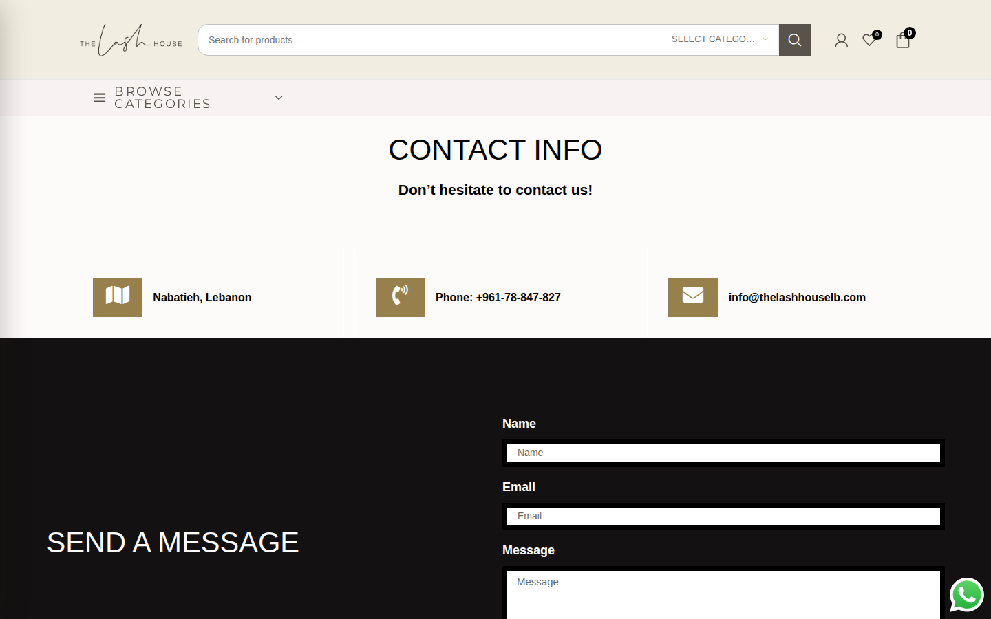 The Lash House contact page with message form and contact details