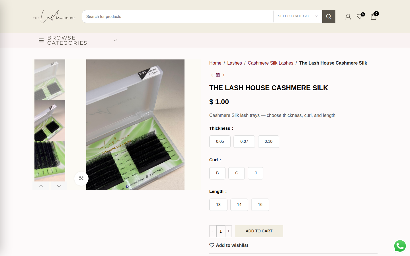 The Lash House Cashmere Silk lash tray product page with variant selectors