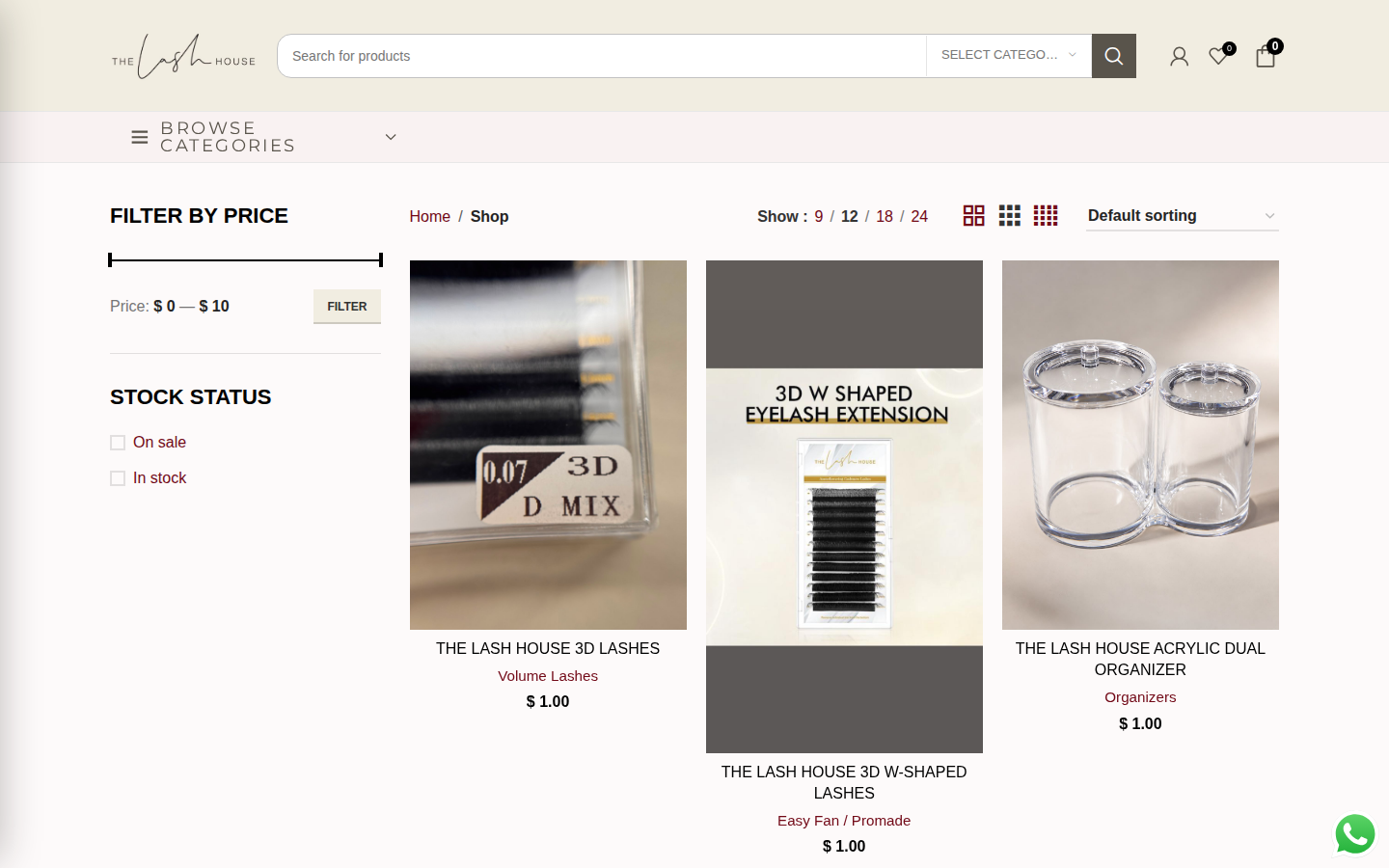 The Lash House shop page with product grid and filters